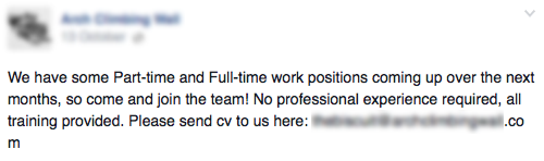 Lan-eskaintza bat. Testuak dio: We have some Part-time and Full-time work positions coming up over the next months, so come and join the team! No professional experience required, all training provided. Please send cv to us here.